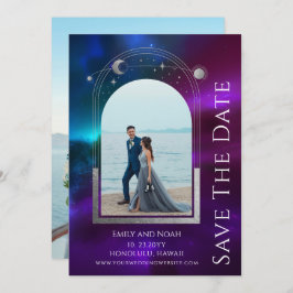 Utrymme för Lila Teal Sol Måne Stars Spara Datumet