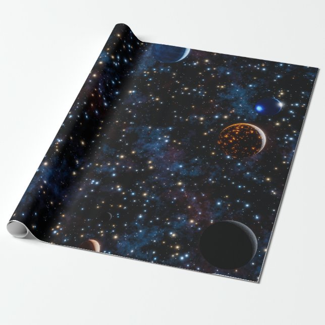 Utrymme med galaxer, stjärnor och planeter presentpapper (Utrullad)