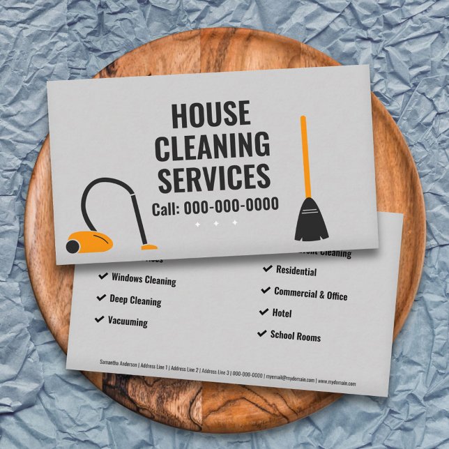 Utrymme och vakuum - Städning i hus Visitkort (Broom & Vacuum - House Cleaning Services Business Card)