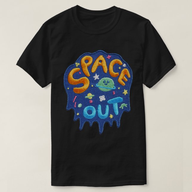Utrymme ut, syta på plåster, järn på plåster t shirt (Design framsida)