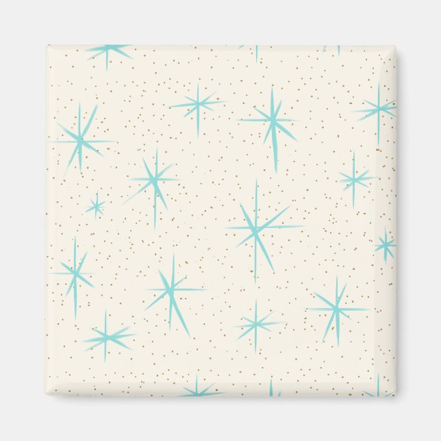 Utrymmesåldern Turkos Starbursts Square Magnet (Framsidan)