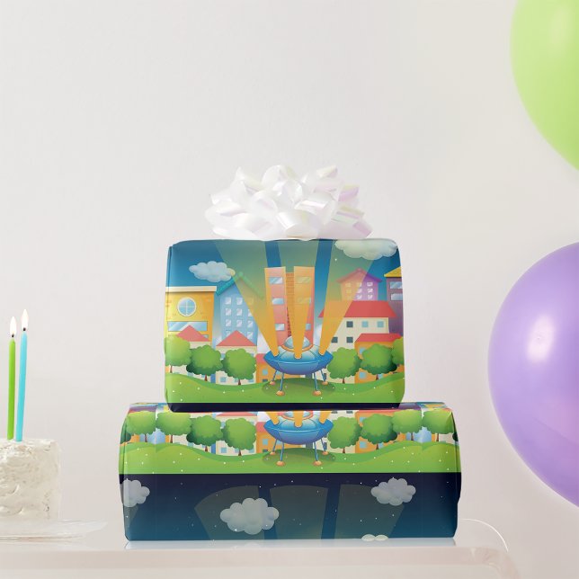 UtrymmesFrakt i Pappra Stadsvällning Presentpapper (Skapare uppladdad)