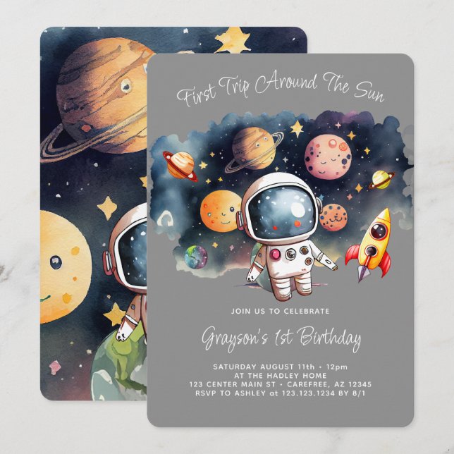 Utrymmesplaneter Grått Första födelsedag Inbjudningar (Fram/baksida)