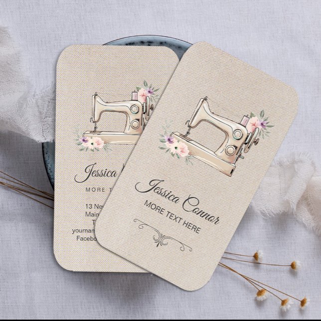 Utsäde maskin Cream, benvit bakgrund Visitkort (crafter business cards #dressmaking #professional #fashionboutiquelogo #watercolorvintagesewing)