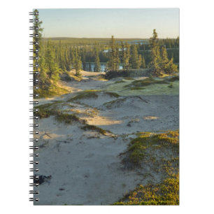 Utsikt över en sjö och de omgivande sanddynerna, anteckningsbok med spiral