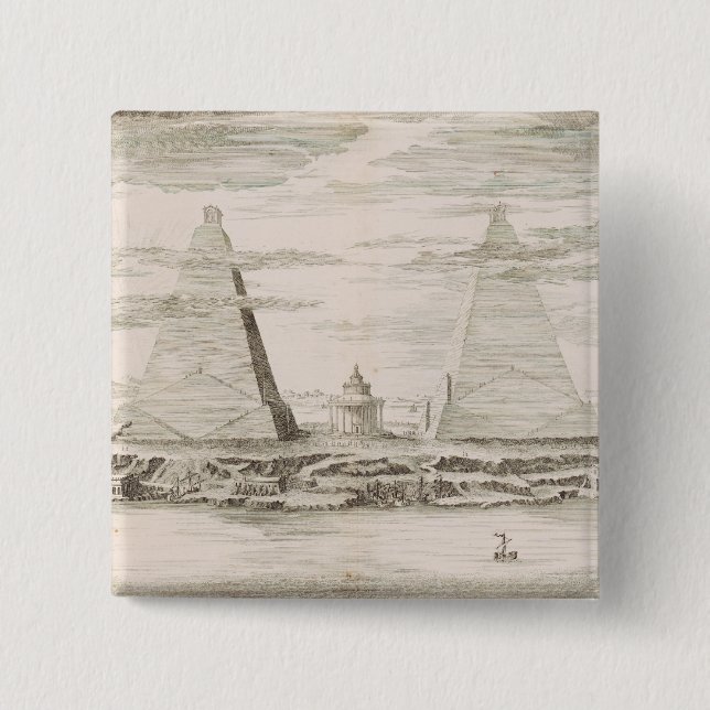 Utsikt över pyramiderna nära graven för egyptiska  knapp (Framsida)