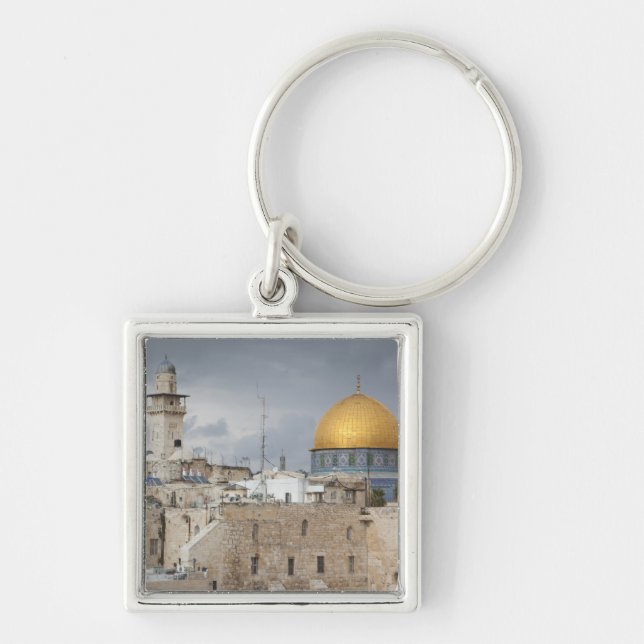 Utsikt över Western Wall Plaza, sen eftermiddag Fyrkantig Silverfärgad Nyckelring (Framsidan)