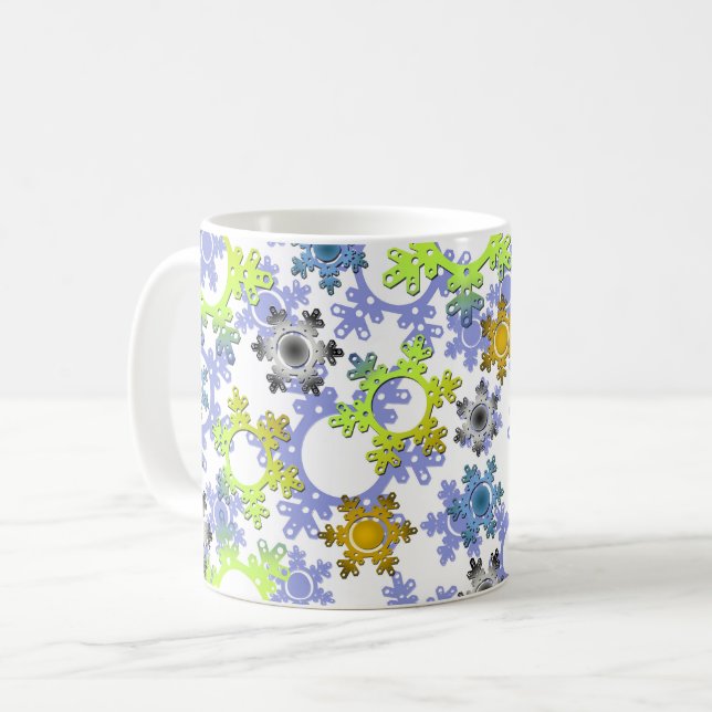 Utskära papperssnöflingor flerfärgade på vitt  kaffemugg (Framsida vänster)