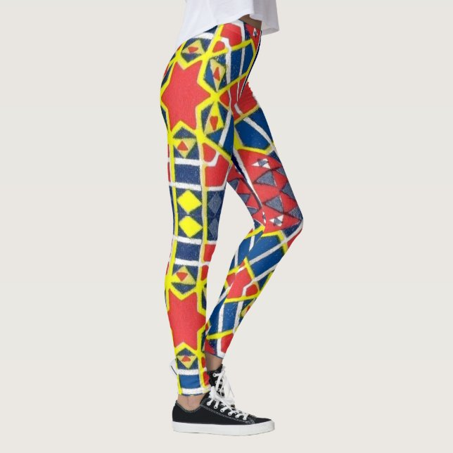 Utskrift av abstrakt för rött vitt blått gult leggings (Höger)