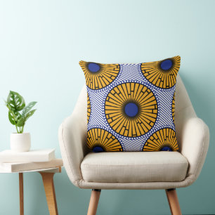 Utskrift av Afro Pop Blue och Guld Ankara Kudde