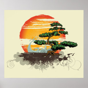 Utskrift av asiatisk bonsai och sol anpassningsbar poster