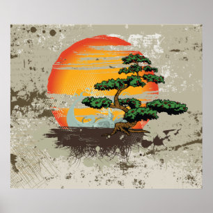 Utskrift av asiatisk bonsai och sol anpassningsbar poster