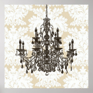Utskrift av Beige Damask Chandelier Wall Art Poster
