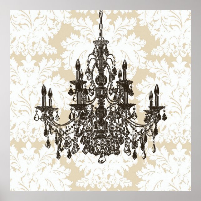 Utskrift av Beige Damask Chandelier Wall Art Poster (Framsidan)