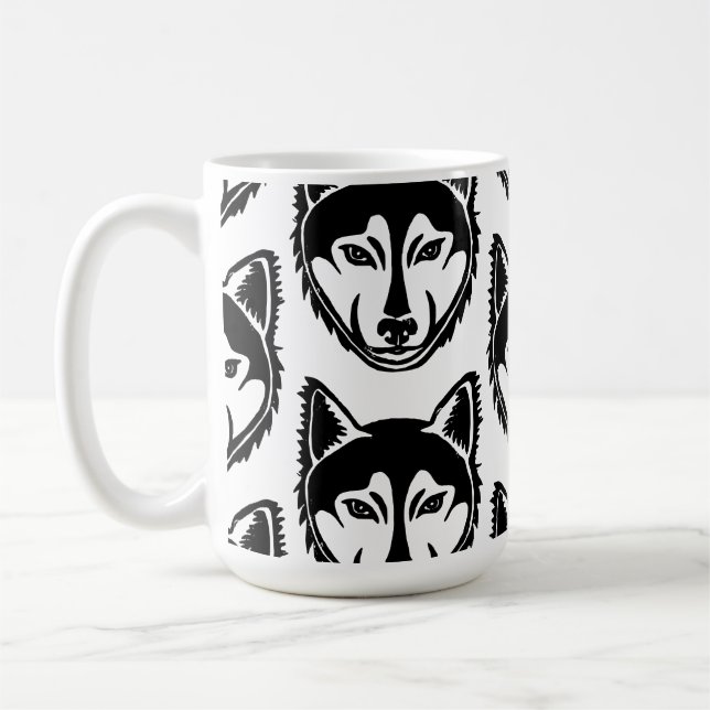 Utskrift av Black and White Husky Porträtt Lino Kaffemugg (Vänster)