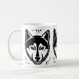 Utskrift av Black and White Husky Porträtt Lino Kaffemugg