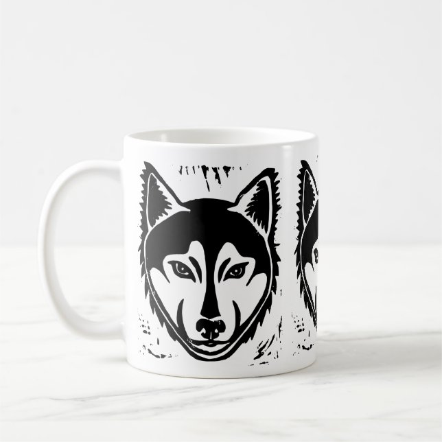 Utskrift av Black and White Husky Porträtt Lino Kaffemugg (Vänster)