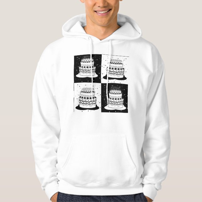 Utskrift av block för svart, vitt kummelfärgat hoodie (Framsida)