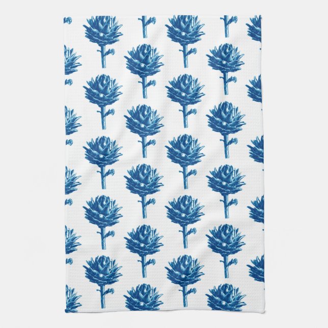 Utskrift av botaniskt kronchoke, Indigo Blue och W Kökshandduk (Vertikal)
