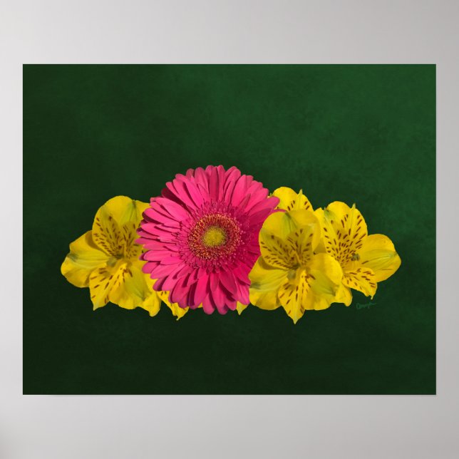 Utskrift av Bright Rosa och Gula blommor Poster (Framsidan)