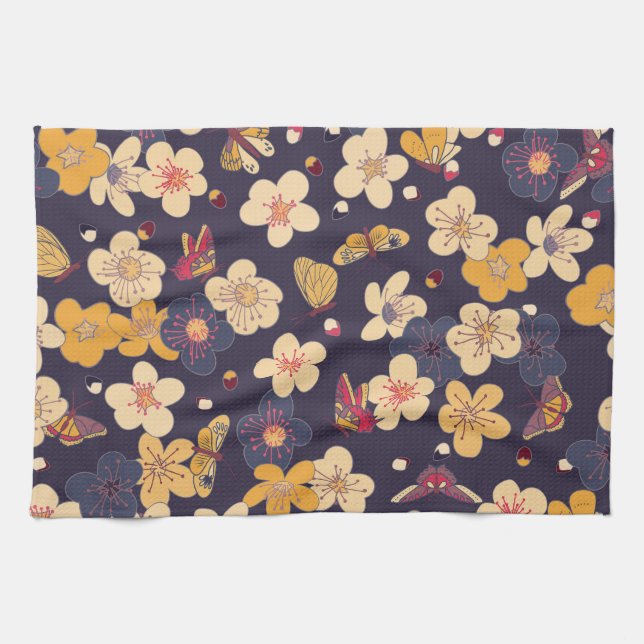Utskrift av Cherry Blommar Butterfly Asian Print Kökshandduk (Horisontell)