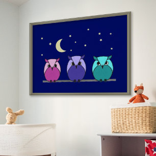 Utskrift av Cute Colorful Tecknad Uggla Night Himl Poster