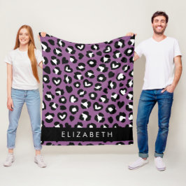 Utskrift av djur, Lila Leopard, Hearts, ditt namn Fleecefilt