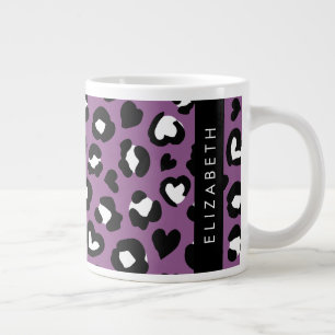 Utskrift av djur, Lila Leopard, Hearts, ditt namn Jumbo Mugg