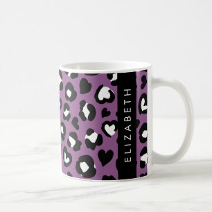 Utskrift av djur, Lila Leopard, Hearts, ditt namn Kaffemugg