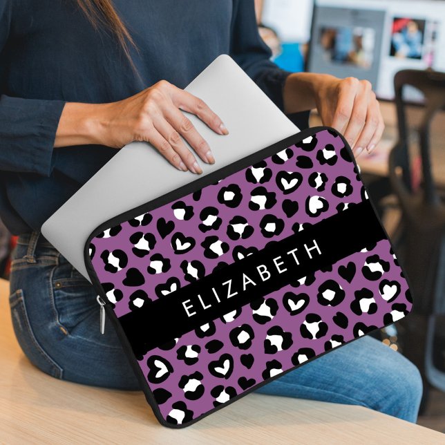Utskrift av djur, Lila Leopard, Hearts, ditt namn Laptop Fodral (Skapare uppladdad)