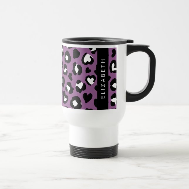 Utskrift av djur, Lila Leopard, Hearts, ditt namn Resemugg (Höger)