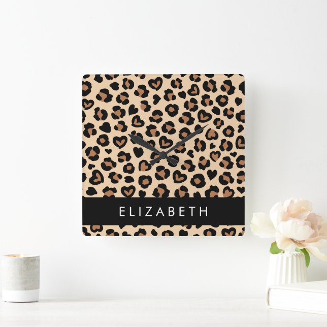 Utskrift av djur, rå leopard, örter, ditt namn fyrkantig klocka (Hem)
