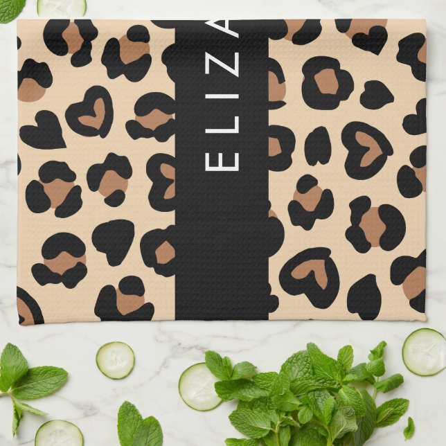 Utskrift av djur, rå leopard, örter, ditt namn kökshandduk (Vikta)