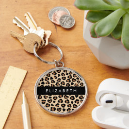 Utskrift av djur, rå leopard, örter, ditt namn rund silverfärgad nyckelring