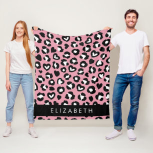 Utskrift av djur, Rosa Leopard, Hearts, ditt namn Fleecefilt