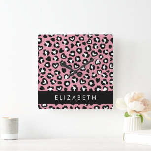 Utskrift av djur, Rosa Leopard, Hearts, ditt namn Fyrkantig Klocka