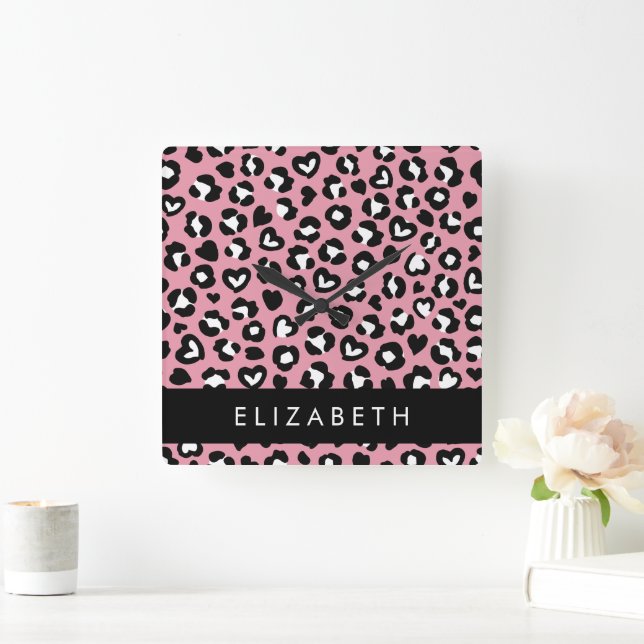 Utskrift av djur, Rosa Leopard, Hearts, ditt namn Fyrkantig Klocka (Hem)