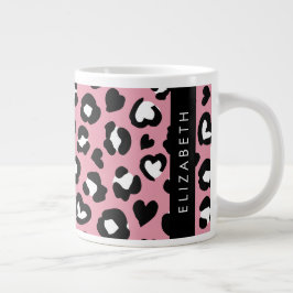 Utskrift av djur, Rosa Leopard, Hearts, ditt namn Jumbo Mugg