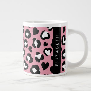 Utskrift av djur, Rosa Leopard, Hearts, ditt namn Jumbo Mugg