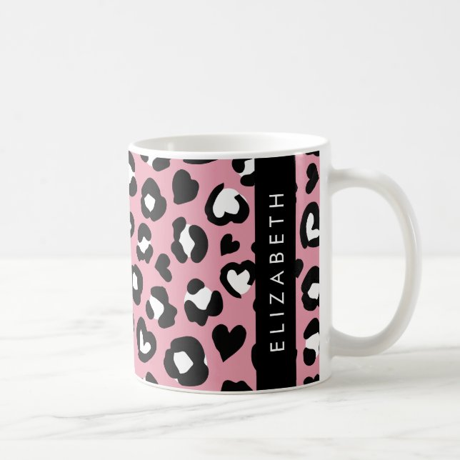 Utskrift av djur, Rosa Leopard, Hearts, ditt namn Kaffemugg (Höger)