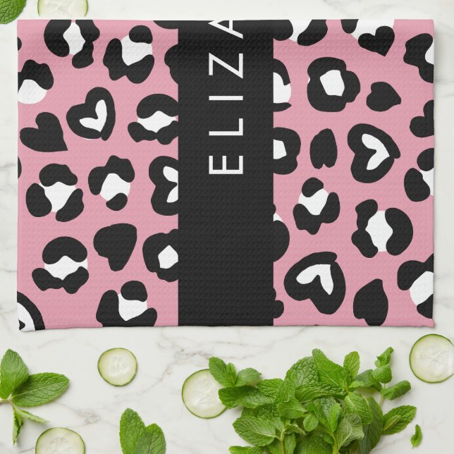 Utskrift av djur, Rosa Leopard, Hearts, ditt namn Kökshandduk (Vikta)