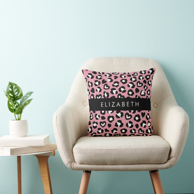Utskrift av djur, Rosa Leopard, Hearts, ditt namn Kudde (Stol)
