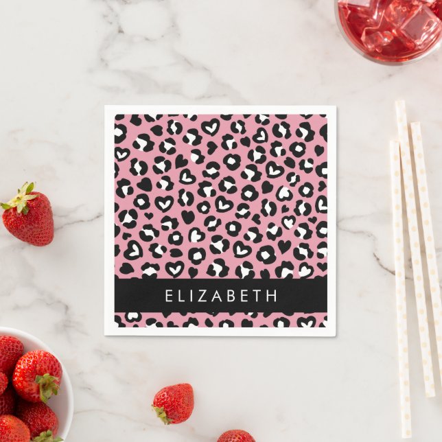 Utskrift av djur, Rosa Leopard, Hearts, ditt namn Pappersservett (Insitu)
