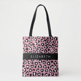 Utskrift av djur, Rosa Leopard, Hearts, ditt namn Tygkasse