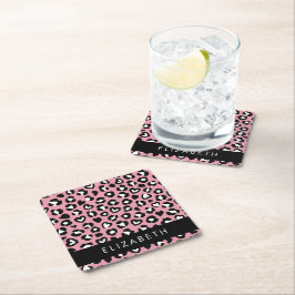 Utskrift av djur, Rosa Leopard, Hearts, ditt namn Underlägg Papper Kvadrat