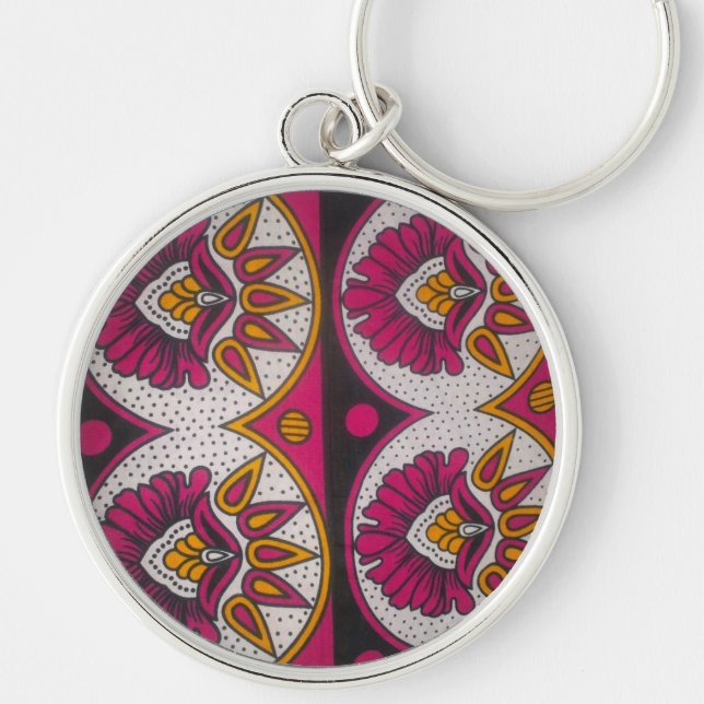 Utskrift av färglös afrikansk Fabric Motif Art Rund Silverfärgad Nyckelring (Framsidan)