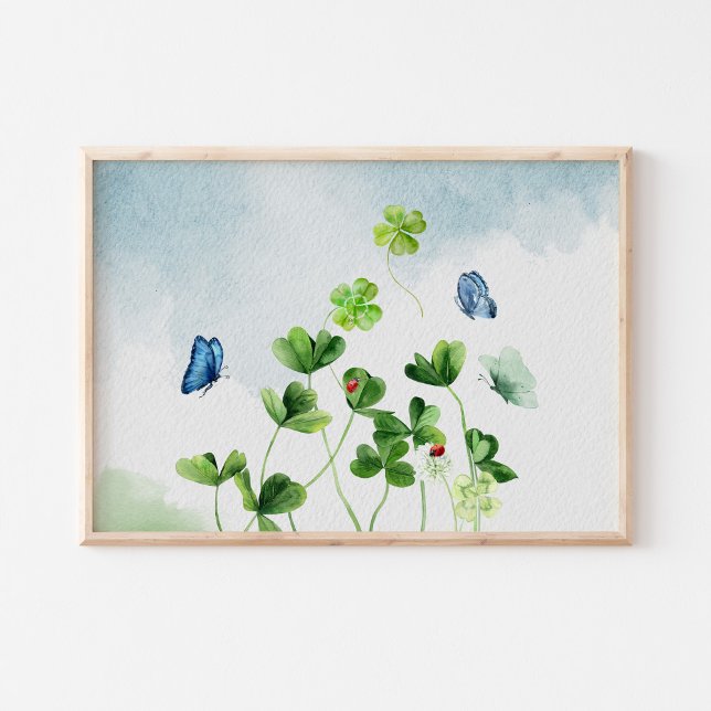 Utskrift av Fyrklöver vattenfärgsbild Poster (Watercolor Four Leaf Clover Art Print)
