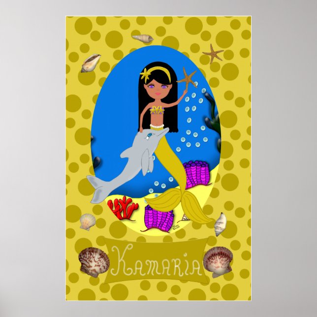 Utskrift av gyllene Sjöjungfruar och delfiner Poster (Framsidan)