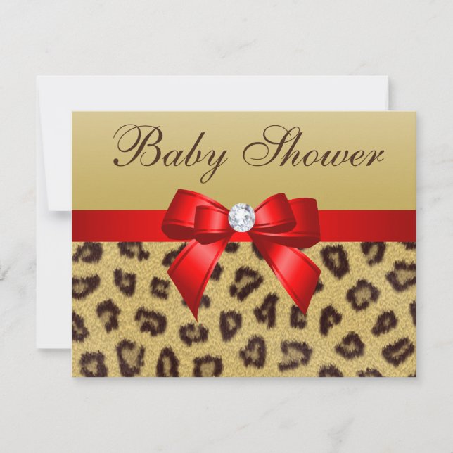 Utskrift av leopard, babyskor med rött skal inbjudningar (Framsida)