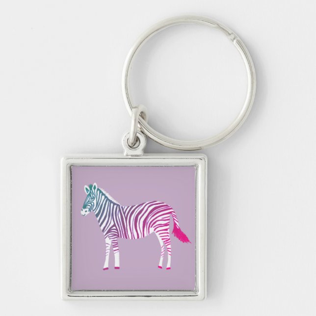Utskrift av lila blått rosa av färglösa zebra-djur fyrkantig silverfärgad nyckelring (Framsidan)